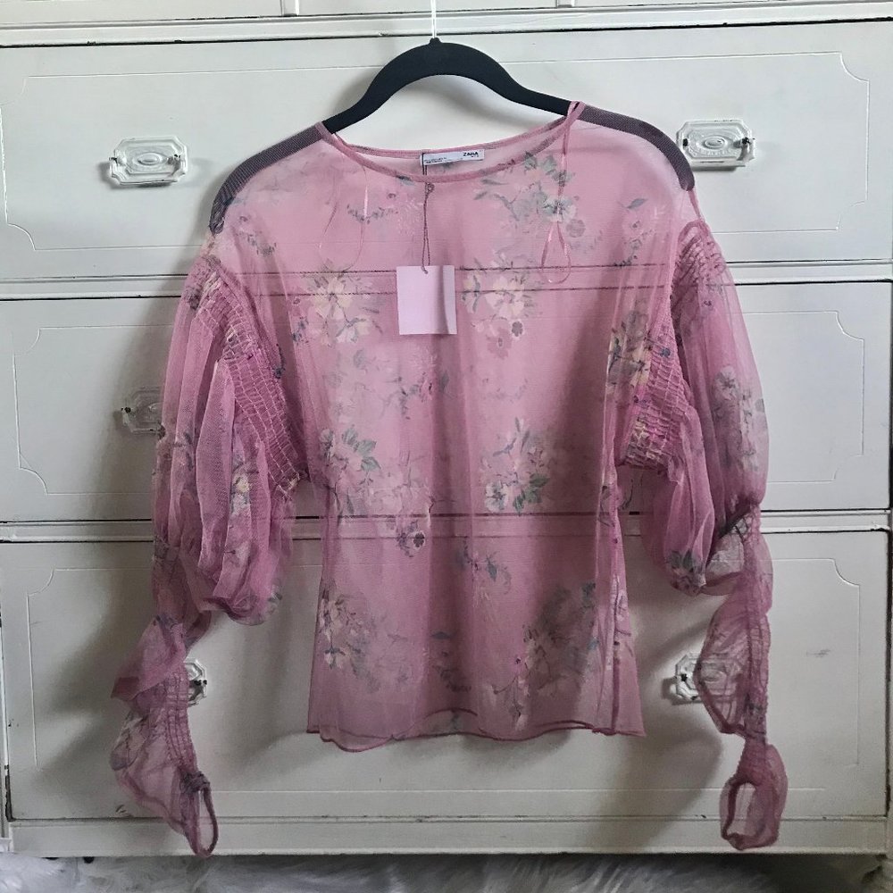 NWT / ZARA / Pink Floral Tulle Blouse
